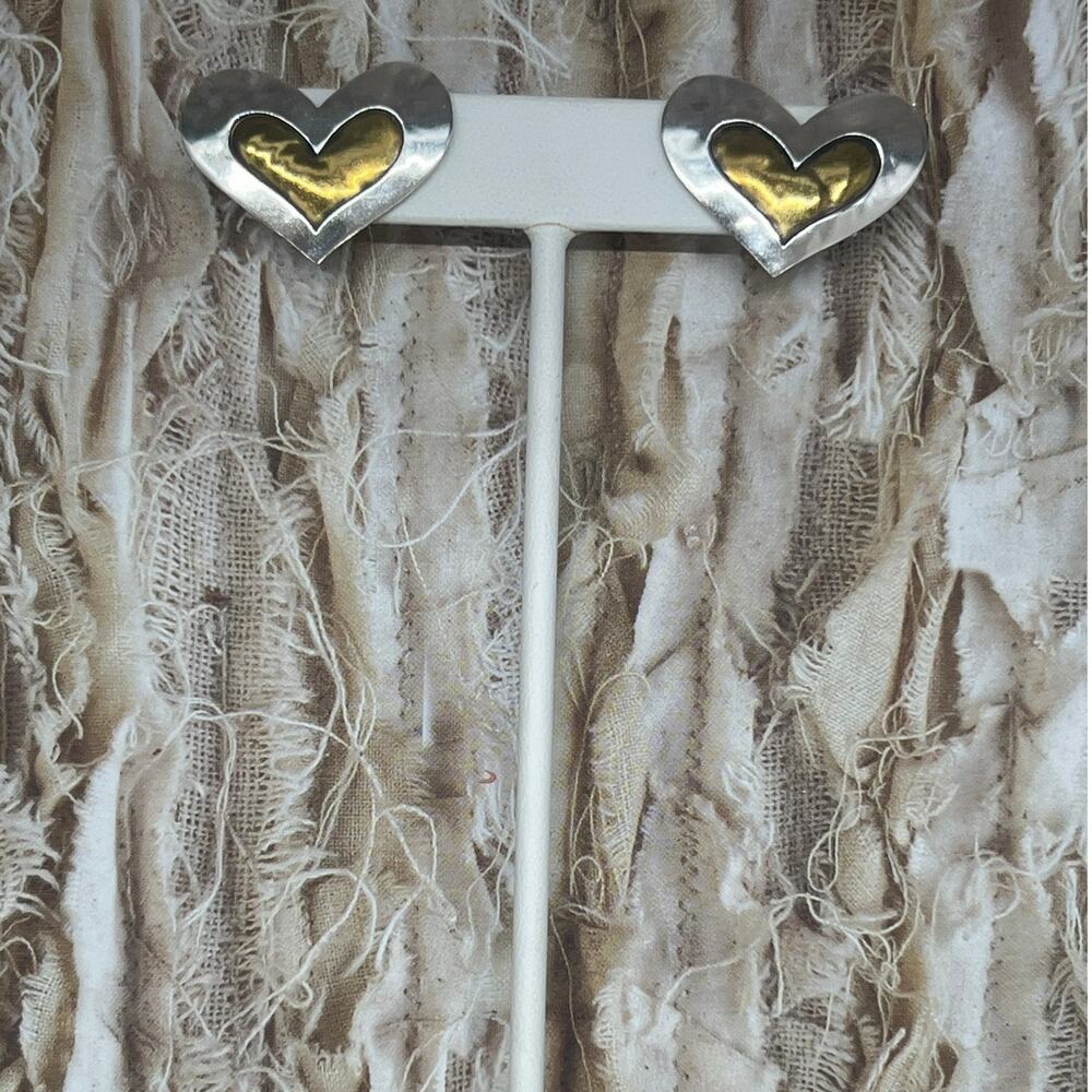 Vintage Jeep Collins Brass Sterling Hammered Heart Earrings - Picture 2 of 5